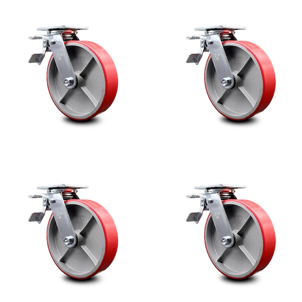 8 Inch Red Poly on Steel Caster Set with Roller Bearing and Total Lock Brake
